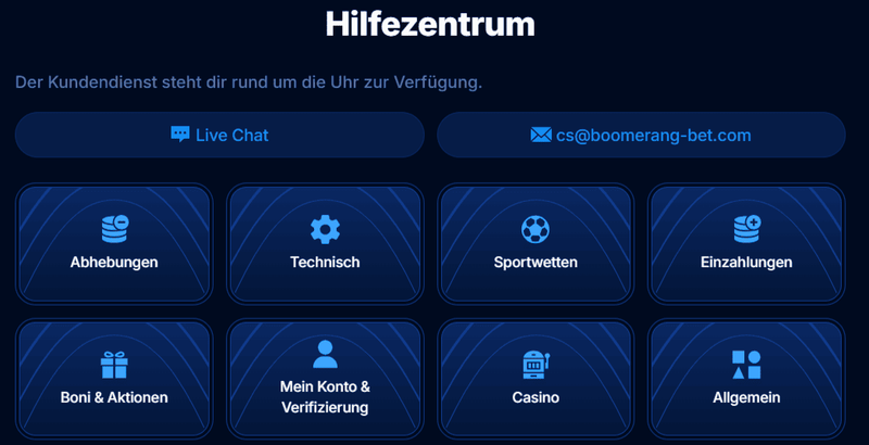 Kundenservice im Boomerang Bet Casino – 24/7 Support per Live-Chat und E-Mail für deutsche Spieler 2025